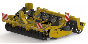 Agrisem Maximulch Serie 3 – Hochleistungs-Bodenbearbeitungsgerät in gelb-schwarzer Lackierung mit gezackten Scheiben, Zinken und Nachlaufwalze. Die Maschine ist mit hydraulischen Komponenten und Warntafeln ausgestattet.