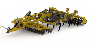 Agrisem Maximulch Serie 5 – Leistungsstarkes Bodenbearbeitungsgerät in gelb-schwarzer Farbgebung mit groß dimensionierten gezackten Scheiben, robusten Zinken und einer Nachlaufwalze. Hydraulische Komponenten und Warntafeln sorgen für präzise Steuerung und Sicherheit.
