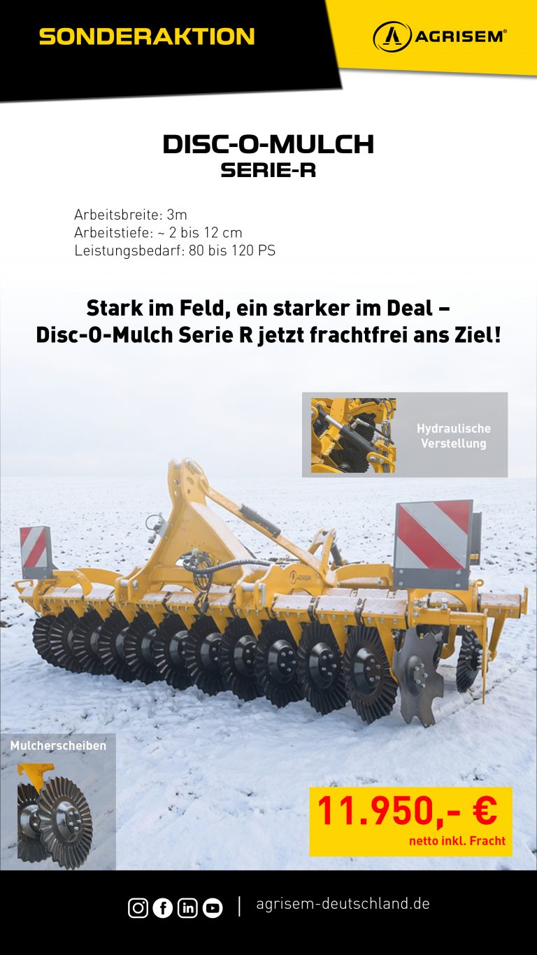 Agrisem Disc-O-Mulch Serie-R (3 m) im Schnee – Sonderaktion: Arbeitstiefe ca. 2–12 cm, Leistungsbedarf 80–120 PS, frachtfrei, 11.950 € netto inkl. Fracht.