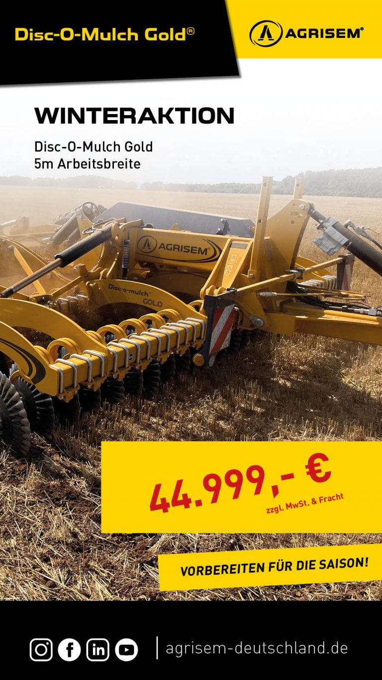 Werbegrafik zur AGRISEM Winteraktion für den Disc-O-Mulch Gold® mit 5 m Arbeitsbreite, gezeigt im Feldeinsatz mit Aktionspreis.