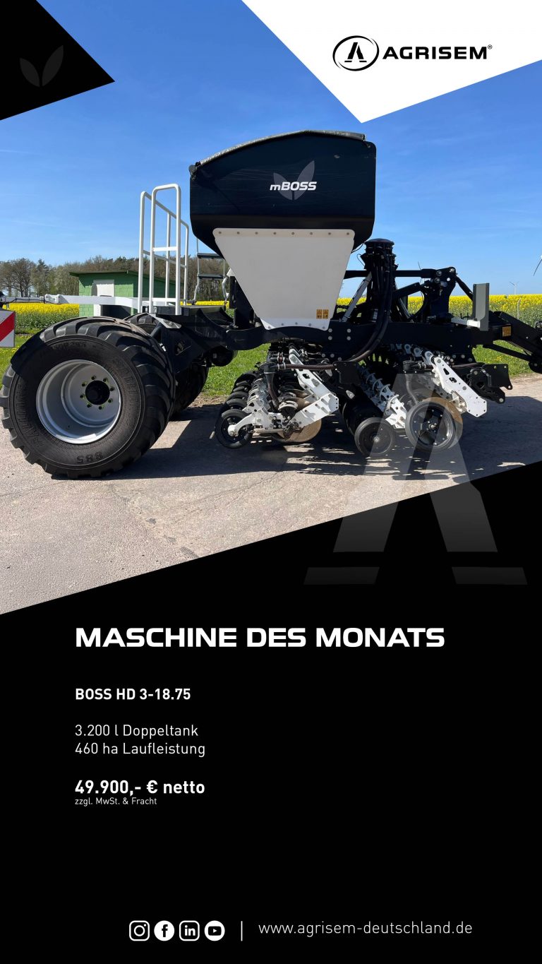 AGRISEM Werbegrafik zur Maschine des Monats: BOSS HD 3-18.75 Sämaschine mit 3.200 l Doppeltank, 460 ha Laufleistung und Preisangabe 49.900 € netto.