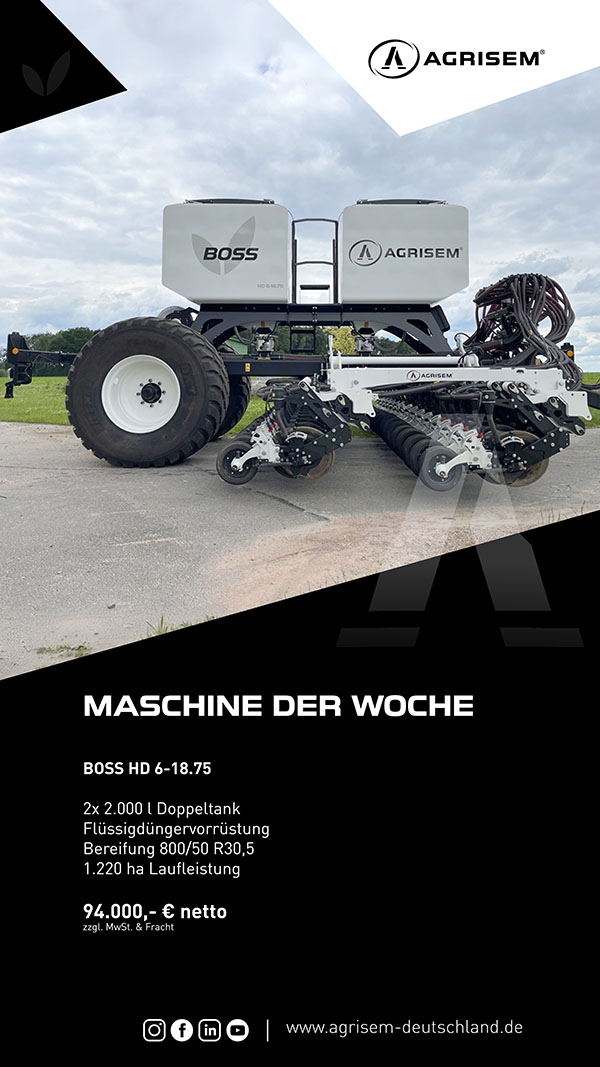 Agrisem BOSS HD 6-18.75 Sämaschine mit Doppeltank und Flüssigdüngervorrichtung, angeboten für 94.000 € netto.