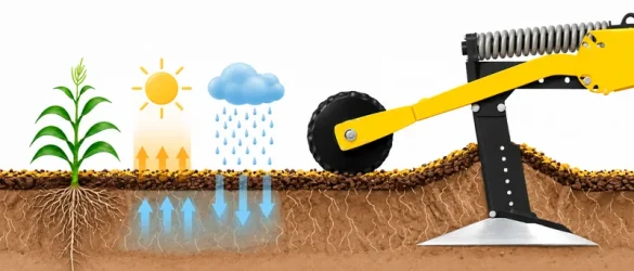 Agrisem Combiplow bei der Bodenlockerung mit Darstellung von Pflanzenwurzeln, Verdunstung und Wasserversickerung