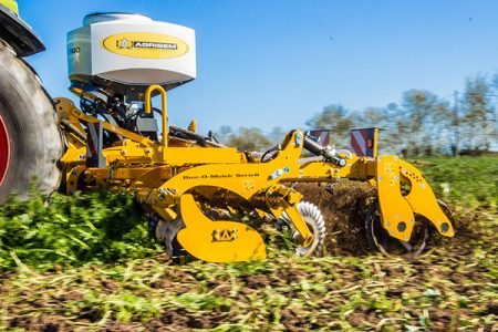 Eine Agrisem Disc-O-Mulch R im Einsatz auf einem Feld mit grüner Zwischenfrucht. Die Maschine ist an einen Traktor gekoppelt und arbeitet mit gezackten Mulcherscheiben, um Pflanzenreste in den Boden einzuarbeiten. Ein angebauter Saatbehälter sorgt für eine gleichzeitige Aussaat.
