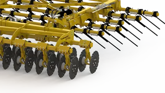 Nahaufnahme einer Agrisem Turbomulch Extra mit Turboscheiben und flexiblen Zinken. Die gelbe Maschine ist in einer detaillierten technischen Darstellung zu sehen, mit mehreren Reihen gezackter Turboscheiben zur intensiven Bodenbearbeitung und hinteren Zinken zur Lockerung der Erde.